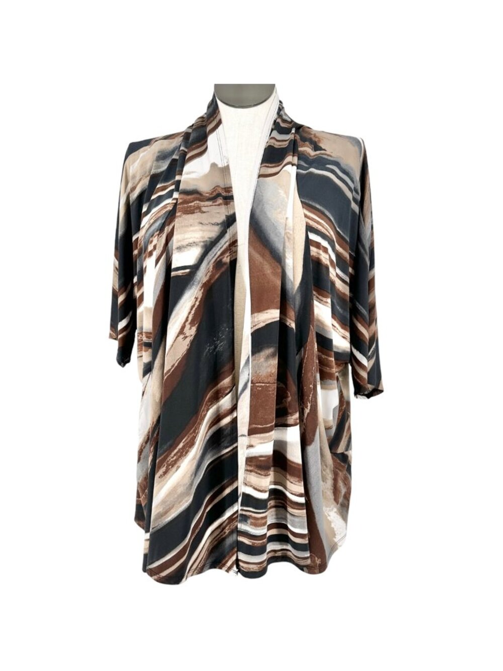 Maggie Barnes 1X Open Front Cardigan Top Earth Tones Brown Black Abstract Print
